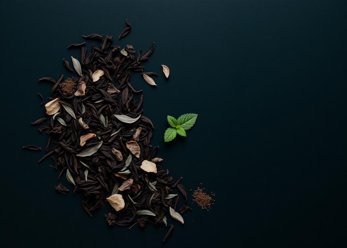 Botanical arrangement of tea leaves and dried herbs