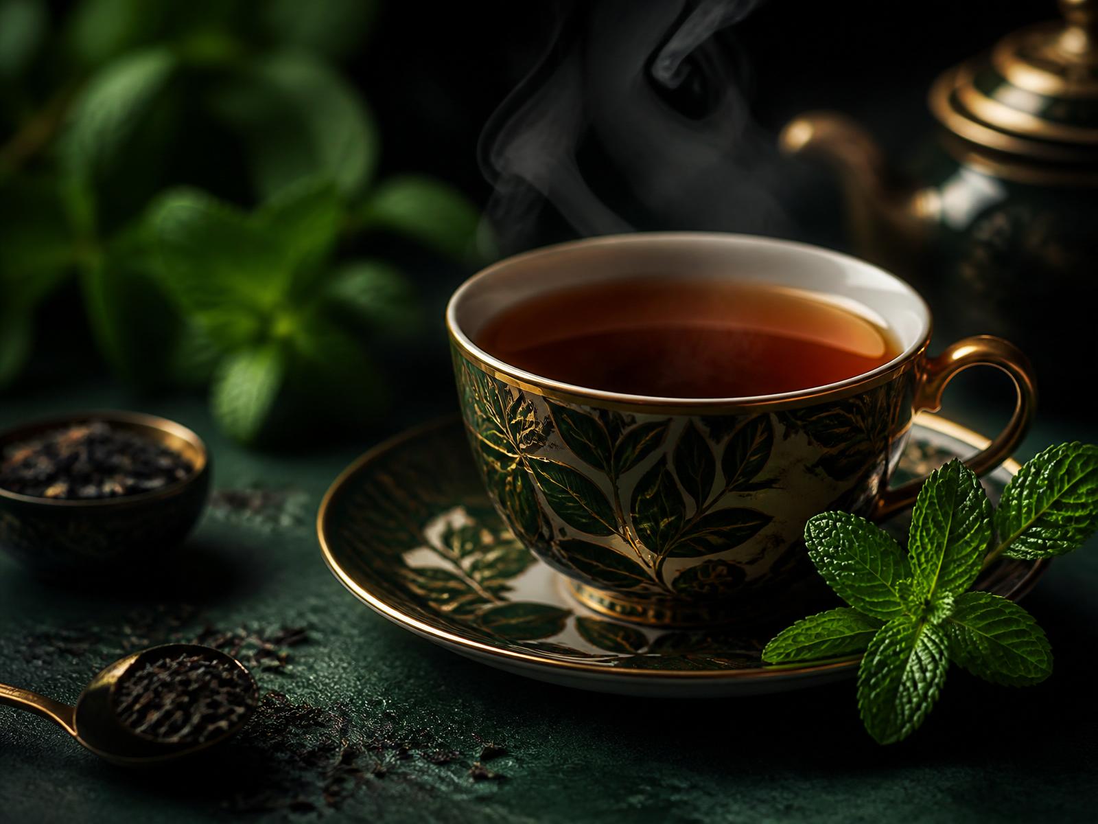 Steaming porcelain teacup with fresh mint leaves